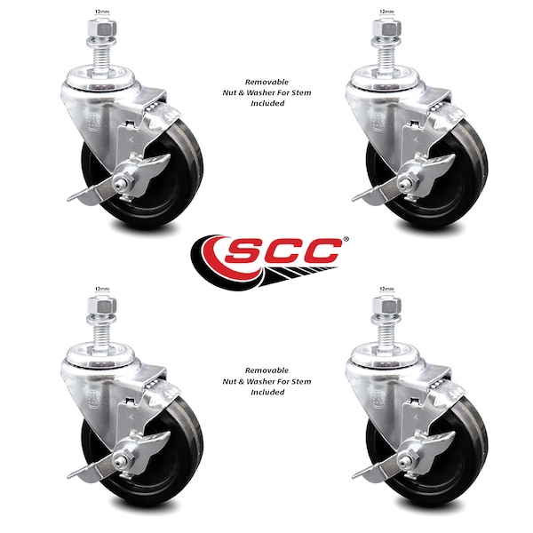 4 Inch Phenolic Wheel Swivel 12mm Threaded Stem Caster Set with Brake SCC